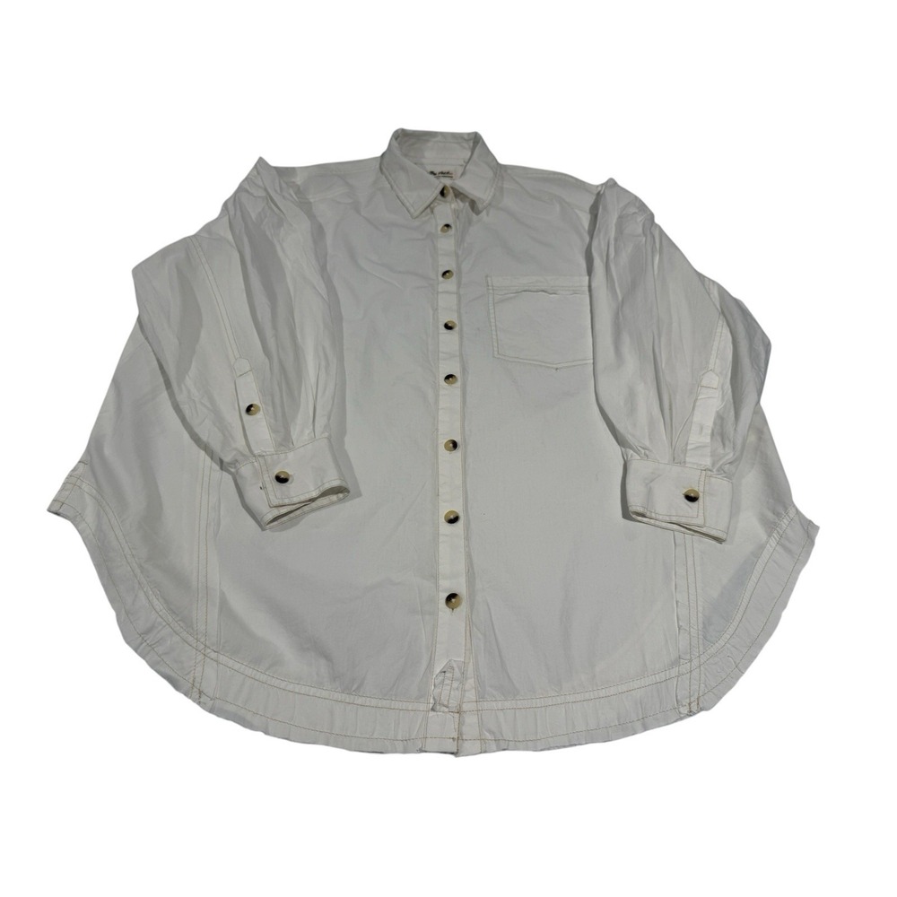 Free People Happy Hour Solid Poplin Top White Oversized Puff Sleeve Small NWT